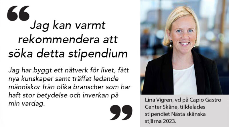 Lina Vigren, vd och medicinskt ansvarig läkare på Capio Gastro Center Skåne, tilldelades stipendiet Nästa skånska stjärna 2023